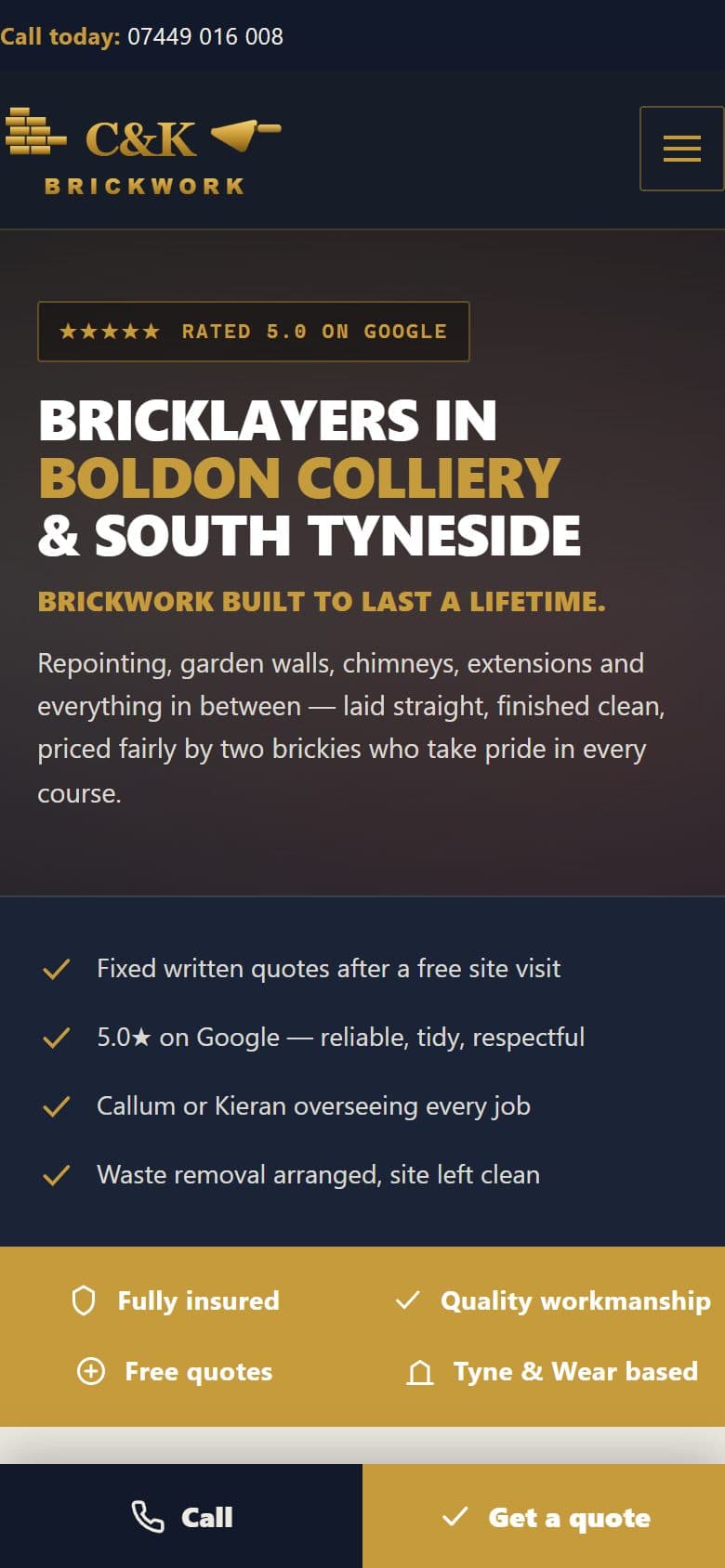 The C & K Brickwork website on a phone