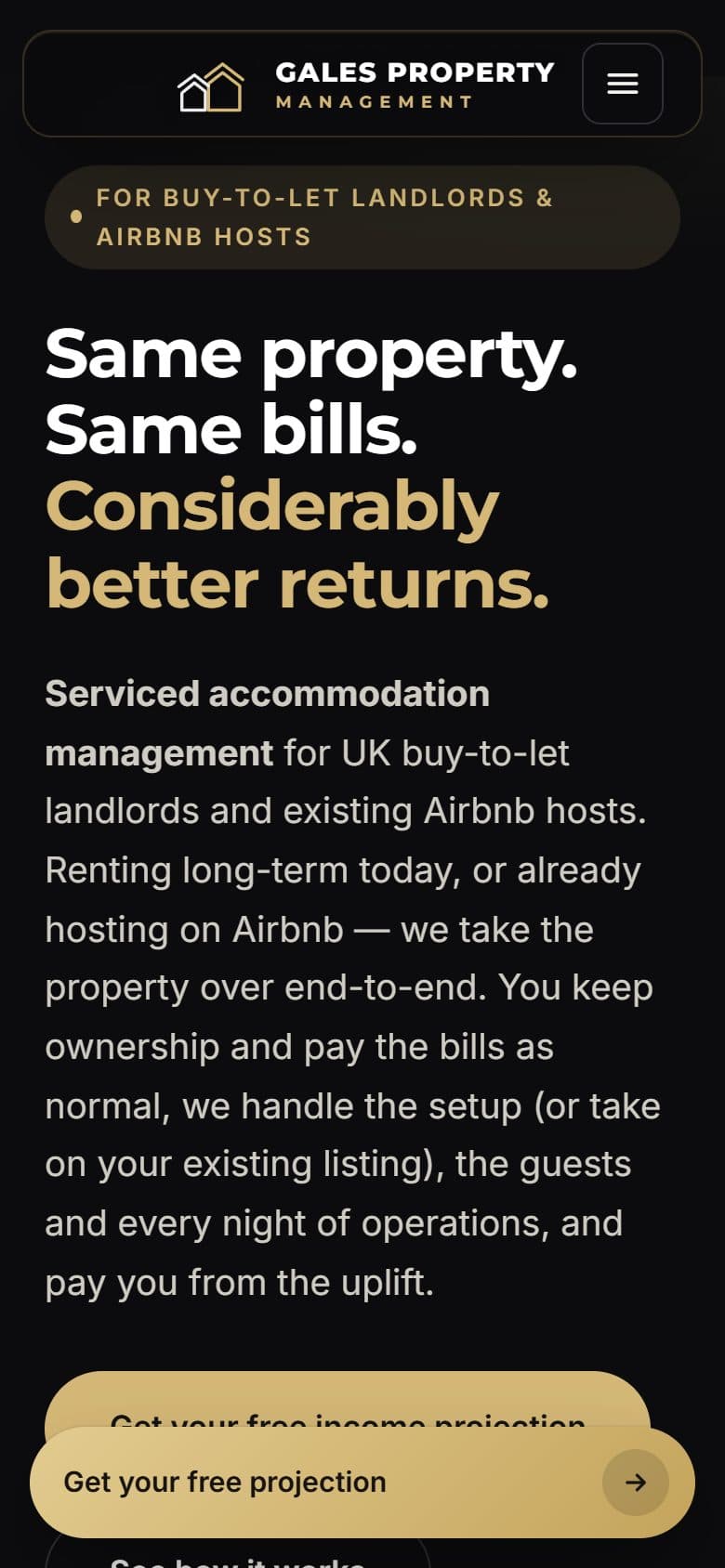 The Gales Property Management website on a phone
